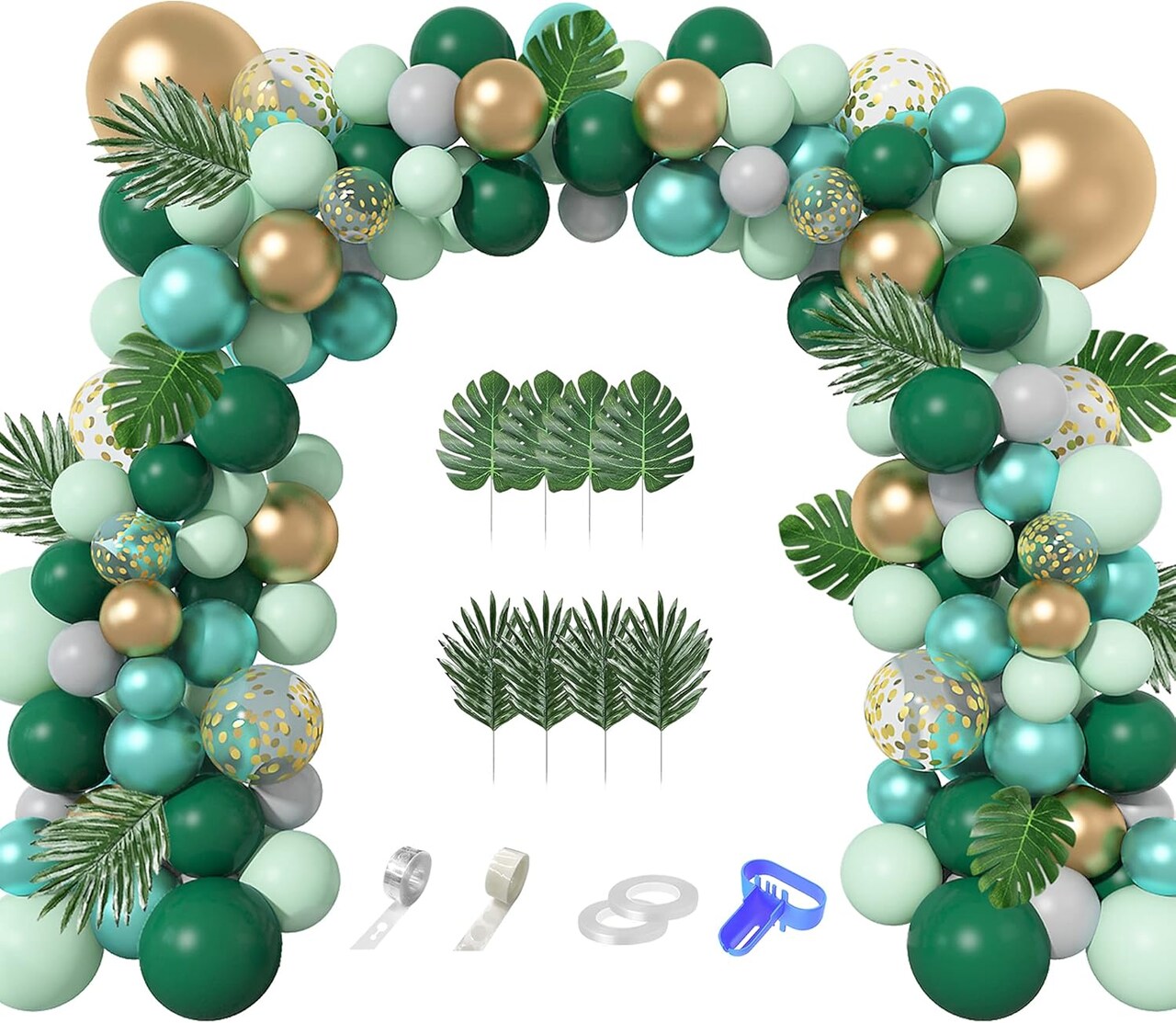 Jungle Safari Party Balloons Arch Garland Kit, 139Pcs Metallic Gold Green Confetti Balloons with Tropical Palm Leaves for Animal Wild One Birthday Dinosaur Party Safari Baby Shower for Boys Supplies